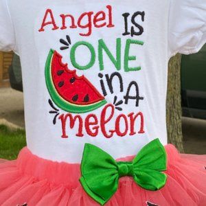 One in a melon outfit 'Lucky' watermelon first birthday, one in a melon